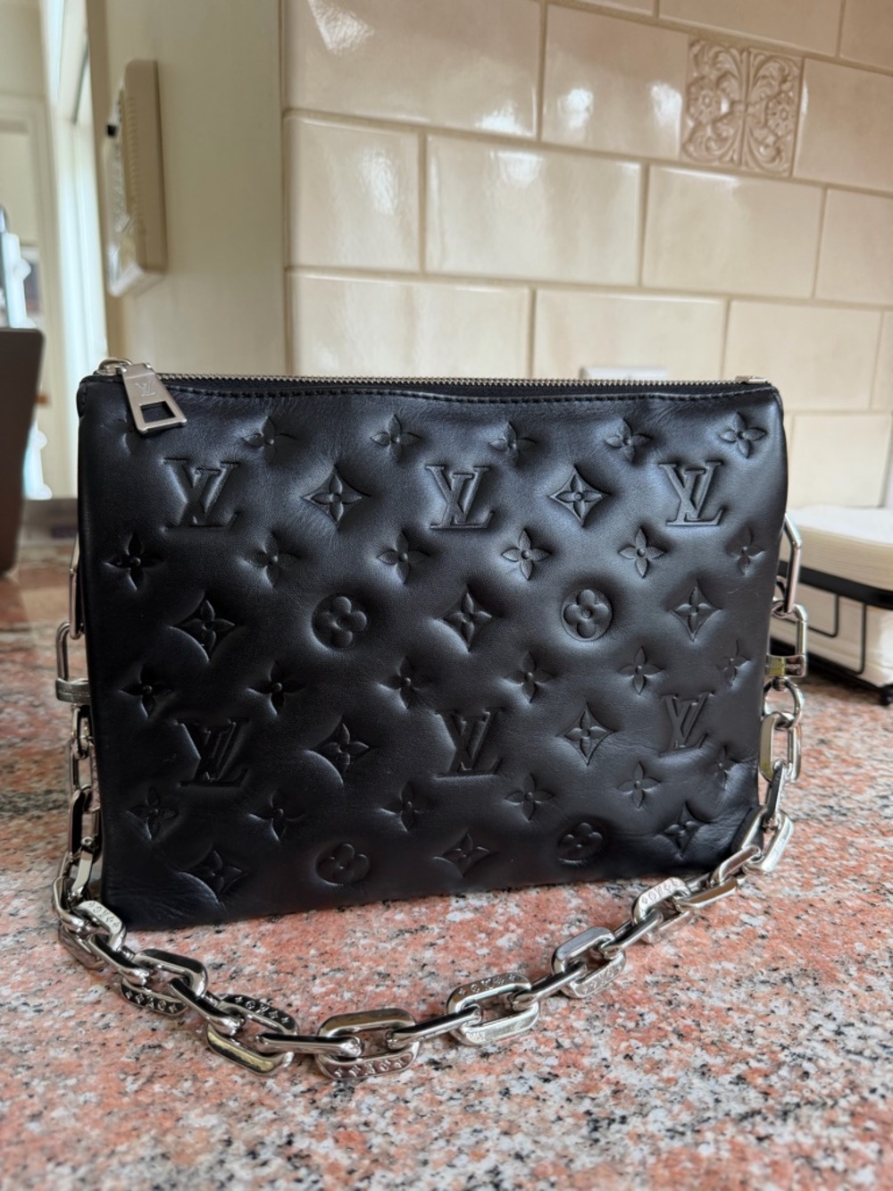 Louis Vuitton Black Embossed Monogram Leather Shoulder Pouch with Silver Chain